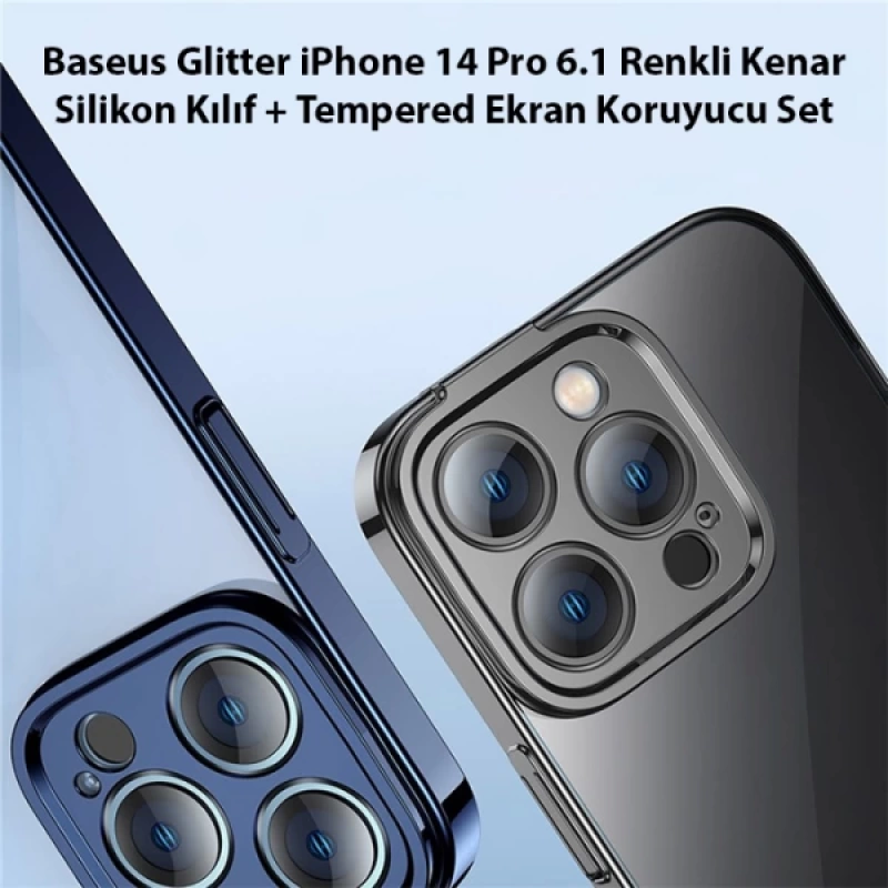 Baseus Glitter iPhone 14 Pro 6.1 Renkli Kenar Silikon Kılıf + Tempered Ekran Koruyucu Set