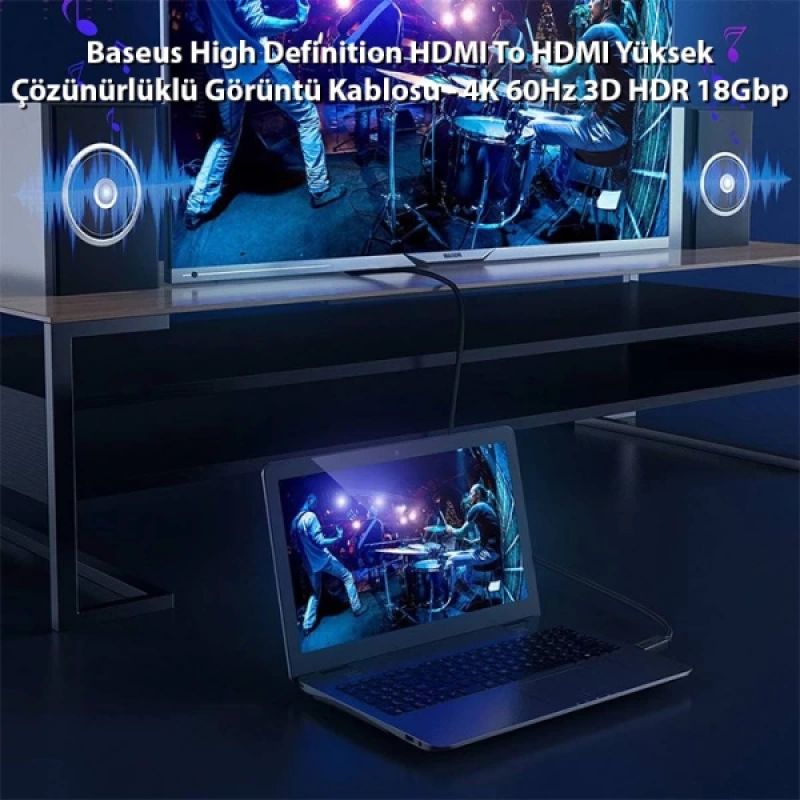 Baseus High Definition HDMI To HDMI Yüksek Çözünürlüklü Görüntü Kablosu - 4K 60Hz 3D HDR 18Gbps 5m