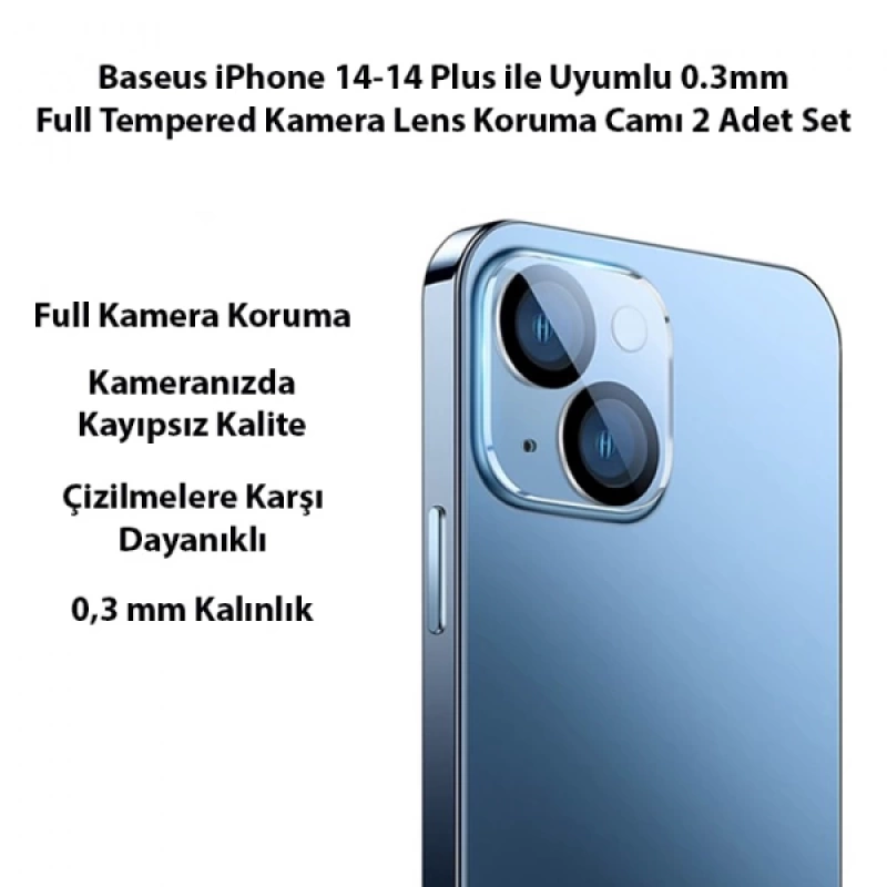 Baseus iPhone 14-14 Plus ile Uyumlu 0.3mm Full Tempered Kamera Lens Koruma Camı 2 Adet Set