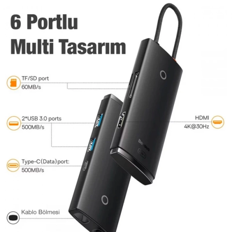 Baseus Lite Series 6 Portlu 100W Type-C + SD HUB Adaptör Çoklayıcı