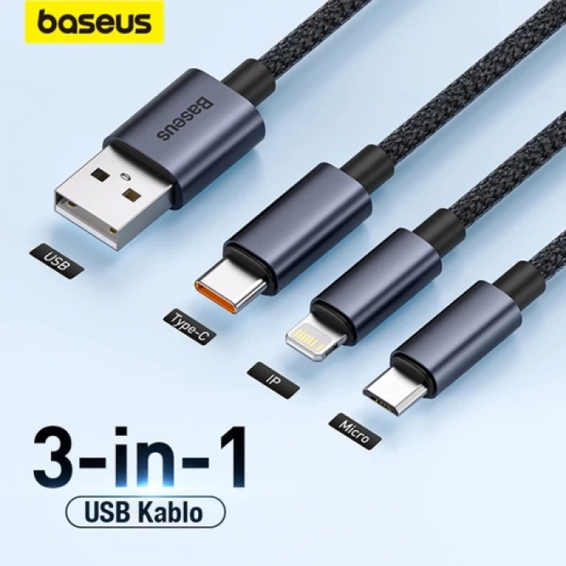 Baseus Minimalist Series 3in1 USB to Type-C + Lightning + Micro USB Hızlı Data Şarj Kablosu