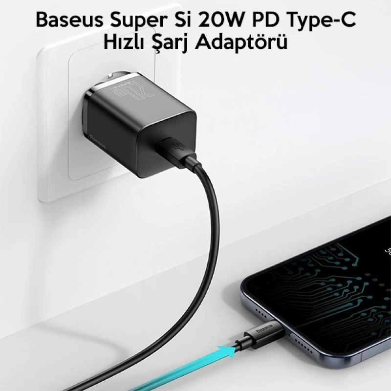 Baseus Super Si 20W PD Type-C Hızlı Şarj Adaptörü 20W İPhone 15-14-13- 12-11 Hızlı Şarj