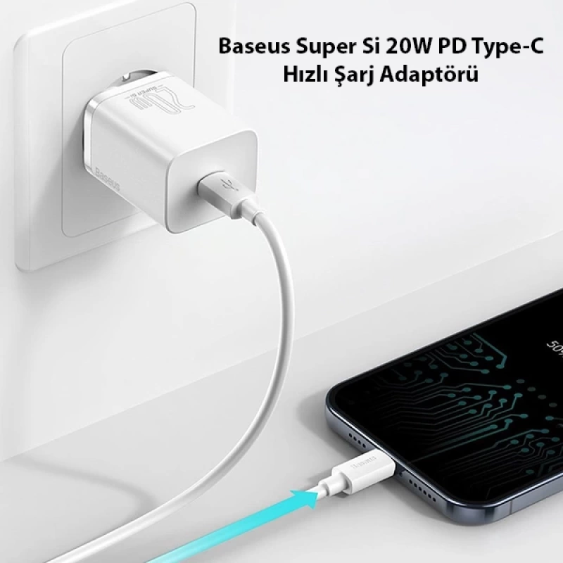 Baseus Super Si 20W PD Type-C Hızlı Şarj Adaptörü 20W İPhone 15-14-13- 12-11 Hızlı Şarj