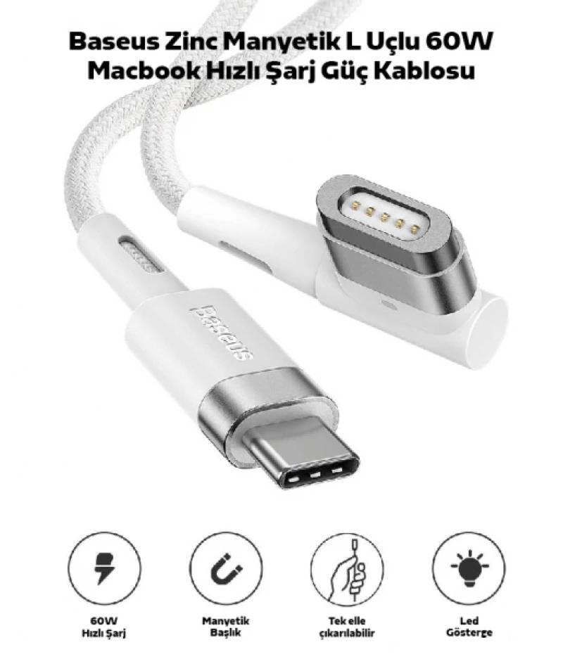 Baseus Zinc Manyetik L Uçlu 60W Macbook Hızlı Şarj Güç Kablosu 2m