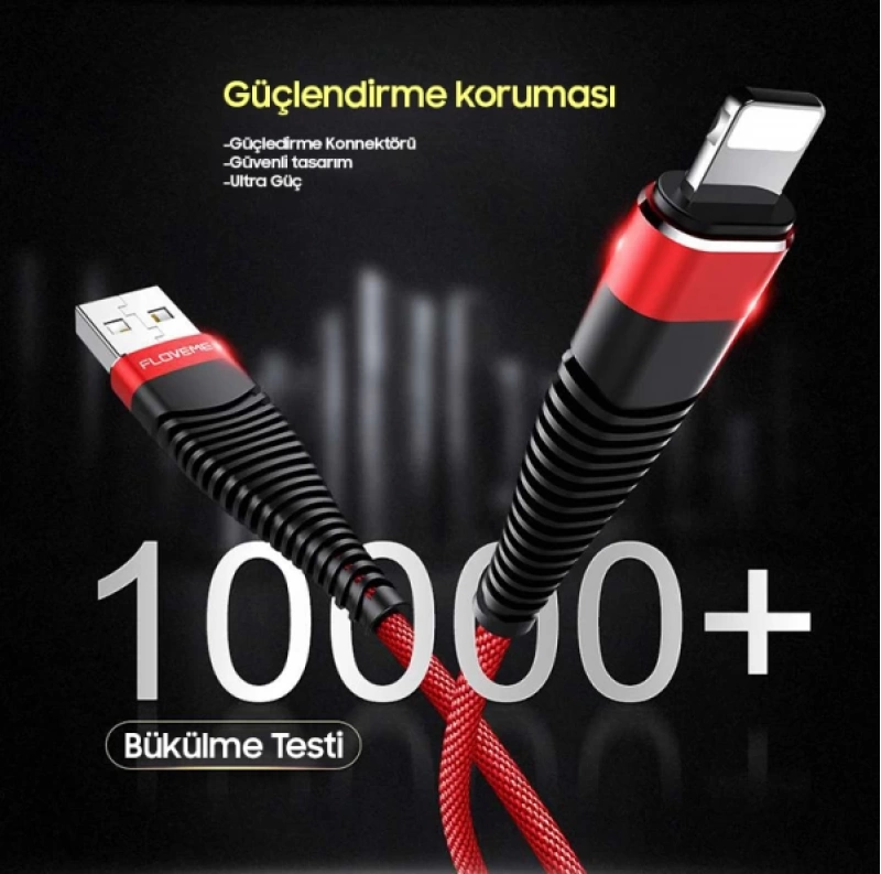 Floveme 1m Halat Dayanıklı İphone 14-13-12-11 Usb Şarj Kablosu