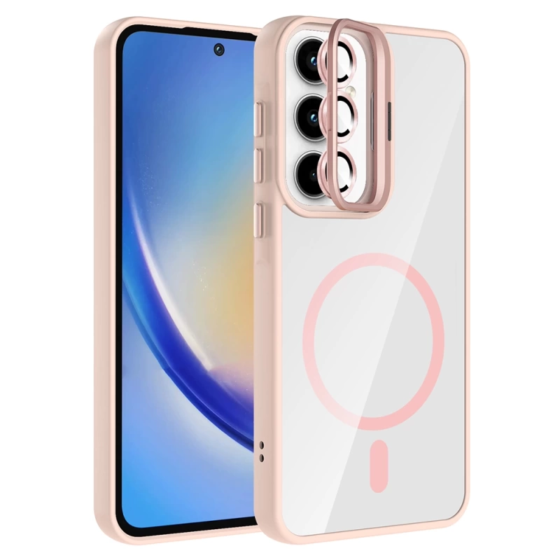 Galaxy A35 Kılıf Standlı ve Kamera Lens Hediyeli M-Safe Şarj Özellikli Zore Etro Kapak