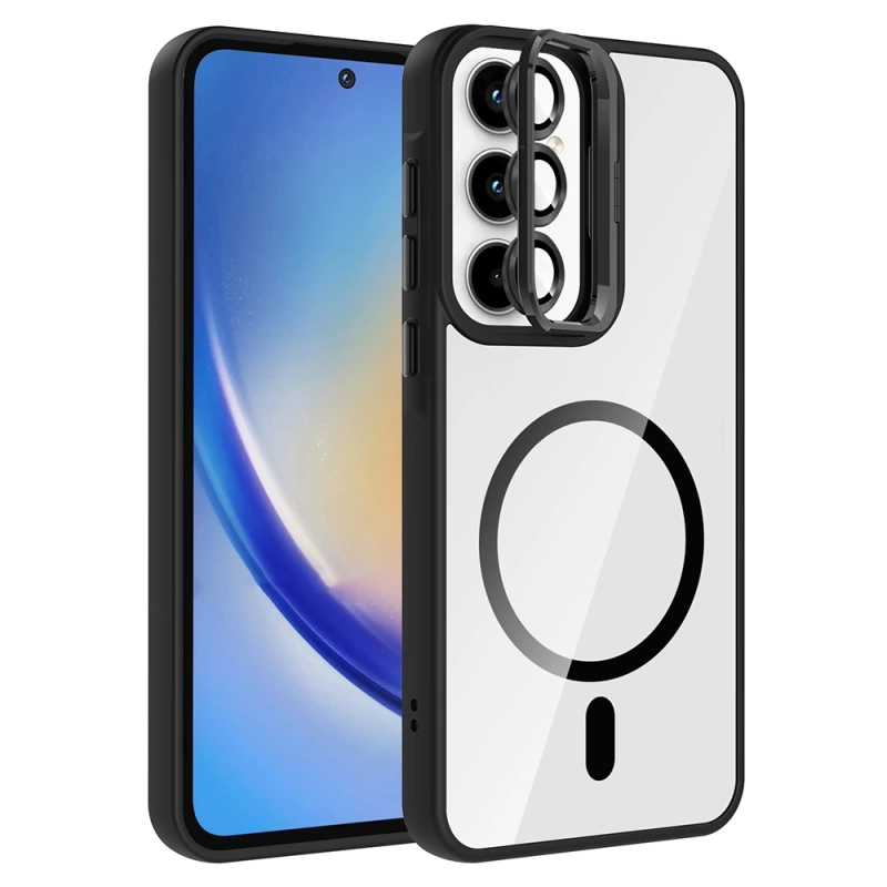 Galaxy A35 Kılıf Standlı ve Kamera Lens Hediyeli M-Safe Şarj Özellikli Zore Etro Kapak