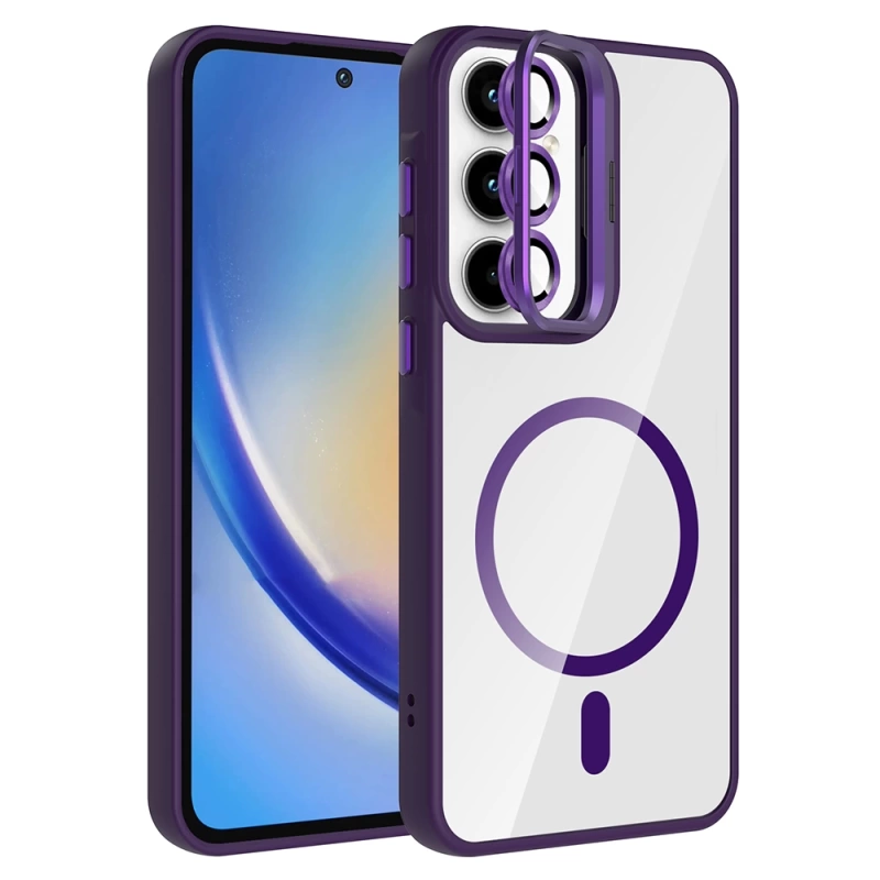 Galaxy A35 Kılıf Standlı ve Kamera Lens Hediyeli M-Safe Şarj Özellikli Zore Etro Kapak