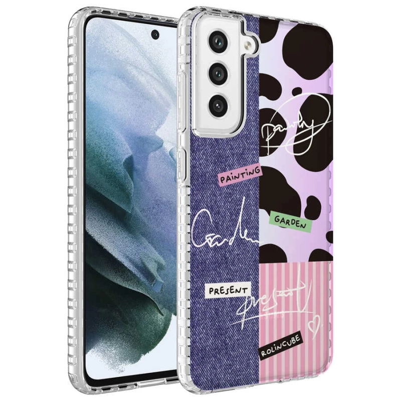 Galaxy S21 FE Kılıf Airbag Kenarlı Renkli Desenli Silikon Zore Elegans Kapak