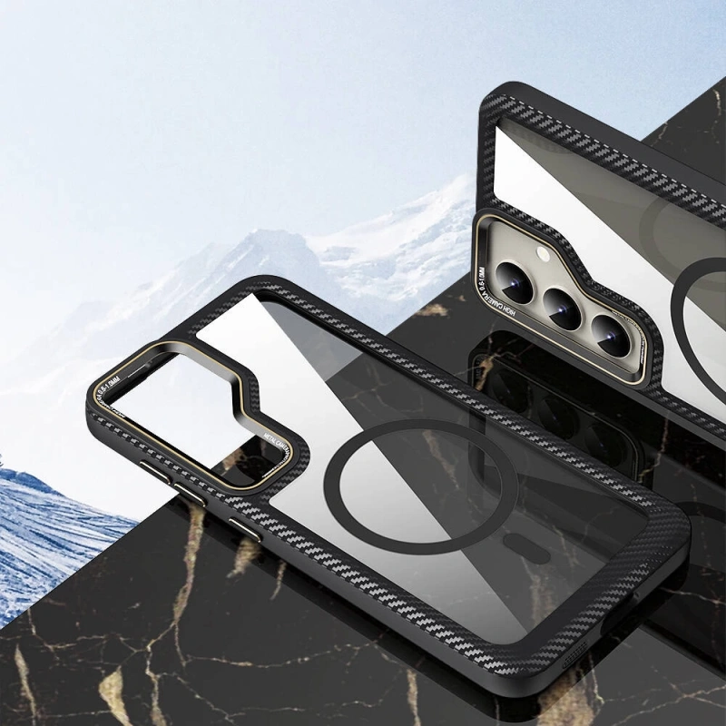 Galaxy S24 Kılıf M-safe Şarj Özellikli Sert PC Karbon Fiber Kenar Tasarımlı Zore Libero Kapak