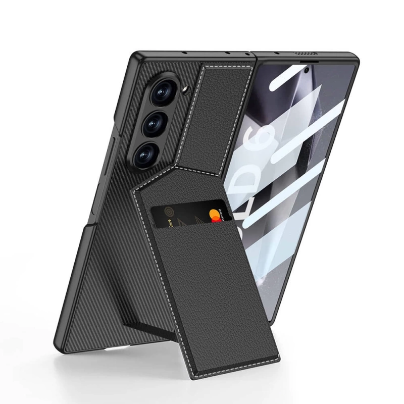 Galaxy Z Fold 6 Kılıf Karbon Fiber Deri Kartlıklı Zore Kıpta Dik Açılan Kartlıklı Kapak