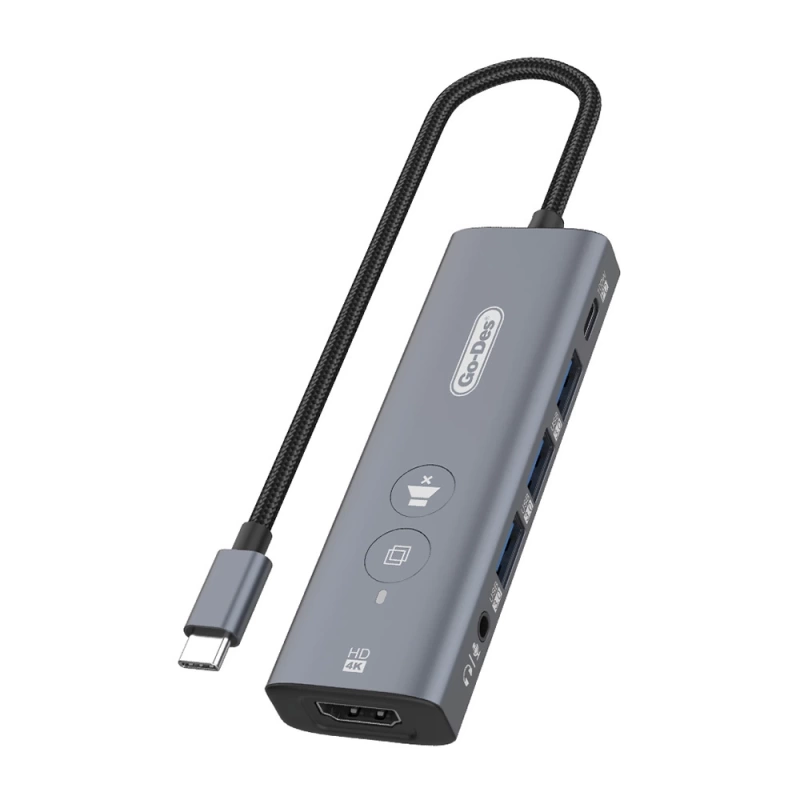 Go Des GD-6903 Type-C Bağlantılı 6in1 Hub Adaptör USB3.0/Hdmi/PD 100W/3.5mm/4K Ultra HD 30hz/5Gbps