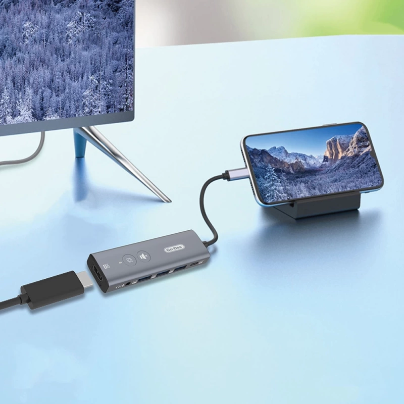 Go Des GD-6903 Type-C Bağlantılı 6in1 Hub Adaptör USB3.0/Hdmi/PD 100W/3.5mm/4K Ultra HD 30hz/5Gbps