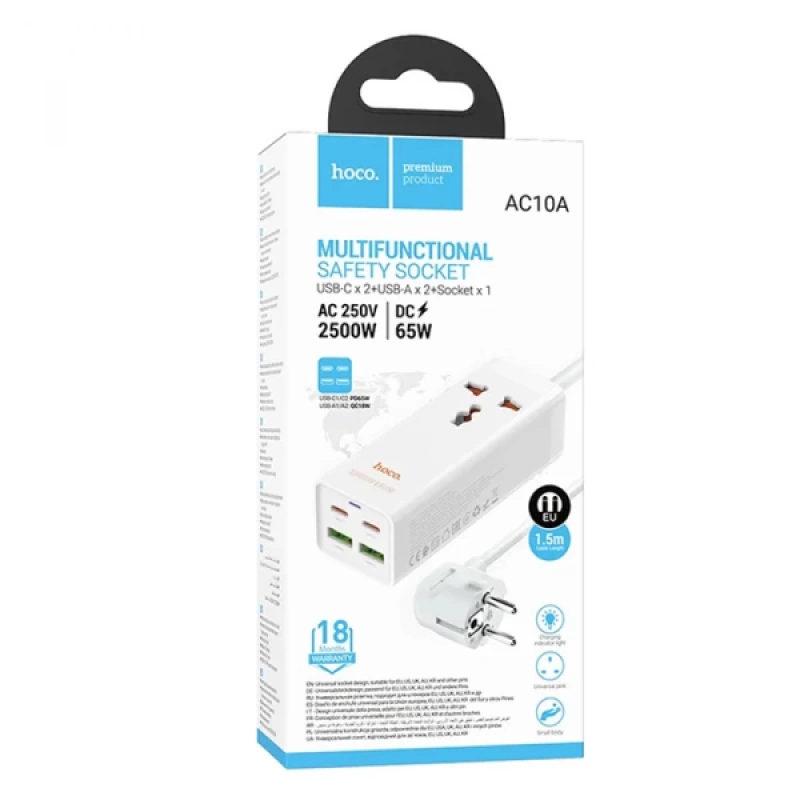 HOCO AC10A Barry 65W 2 Type-C + 2 USB+Priz Multifonksiyonel Şarj Aleti