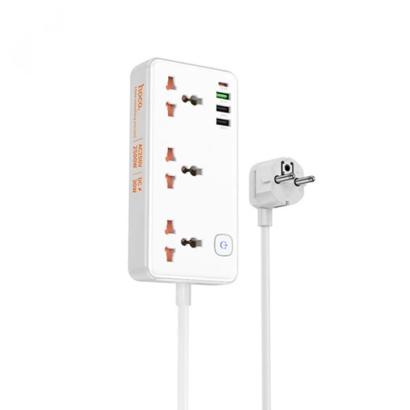 HOCO AC8A 2500W 3 Priz + 3 USB + 30W Type-C Multifonksiyonel Priz Çoğaltıcı Şarj Aleti