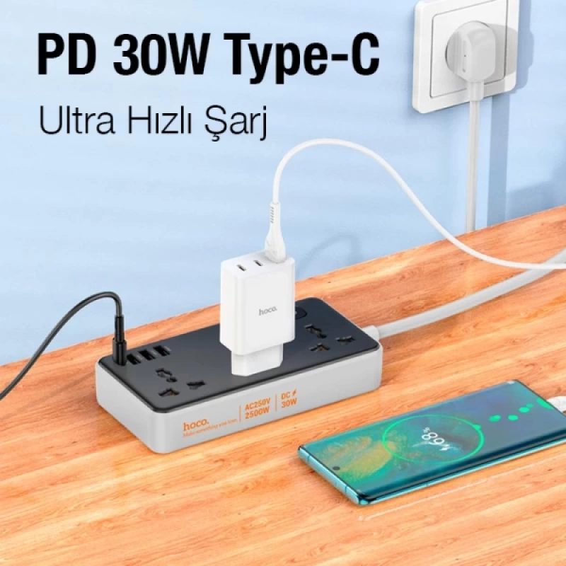 HOCO AC8A 2500W 3 Priz + 3 USB + 30W Type-C Multifonksiyonel Priz Çoğaltıcı Şarj Aleti