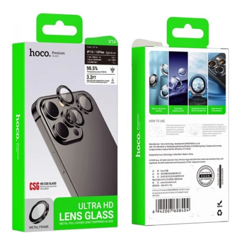 HOCO Crystal Clear iPhone 15-15 Plus HD 3D Metal Çerçeveli Kamera Koruyucu Lens