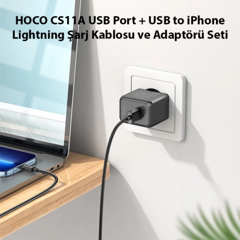 HOCO CS11A USB Port + USB to iPhone Lightning Şarj Kablosu ve Adaptörü Seti