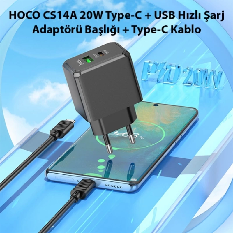 HOCO CS14A 20W Type-C + USB Hızlı Şarj Adaptörü Başlığı + Type-C Kablo