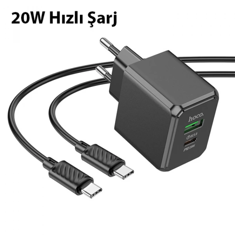 HOCO CS14A 20W Type-C + USB Hızlı Şarj Adaptörü Başlığı + Type-C Kablo