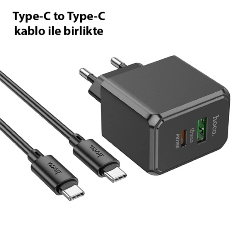 HOCO CS14A 20W Type-C + USB Hızlı Şarj Adaptörü Başlığı + Type-C Kablo