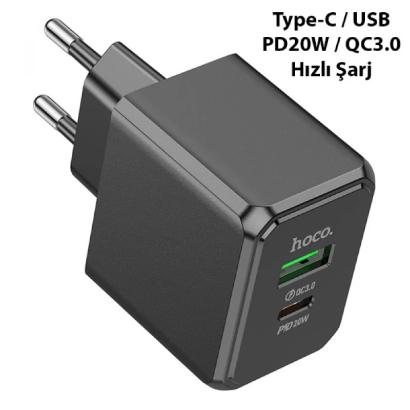 HOCO CS14A PD20W+QC3.0 USB + Type-C Girişli Hızlı Şarj Adaptörü Başlığı