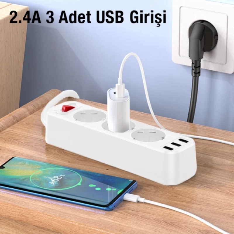 HOCO NS2 3lü Priz 3 USB 4000W 1.8 Metre Şarj Uzatma Kablosu Akım Korumalı