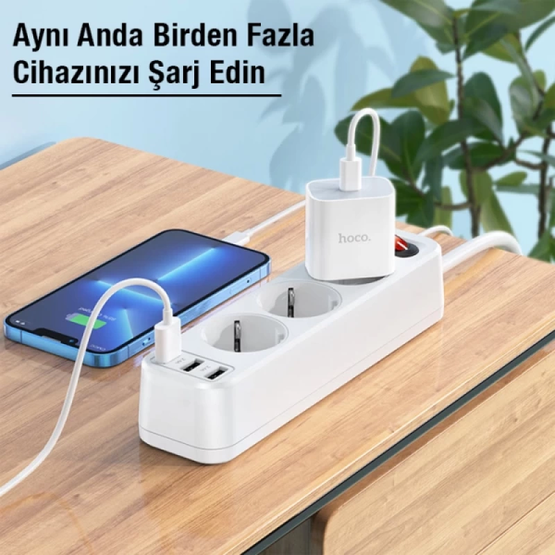 HOCO NS2 3lü Priz 3 USB 4000W 1.8 Metre Şarj Uzatma Kablosu Akım Korumalı