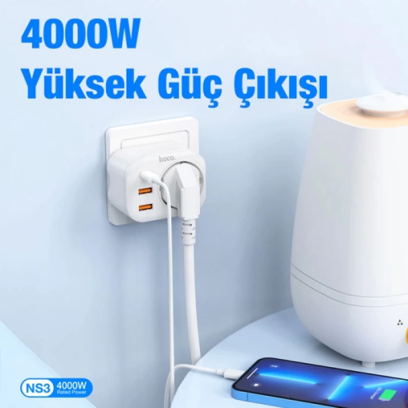 HOCO NS3 Multifonksiyonel Type-C + 2 USB + 240V Mega Hızlı Şarj Adaptörü Priz