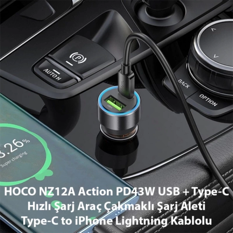 HOCO NZ12A Action PD43W USB + Type-C Araç Çakmaklık Hızlı Şarj Aleti + Type-C to iPhone Lightning Ka