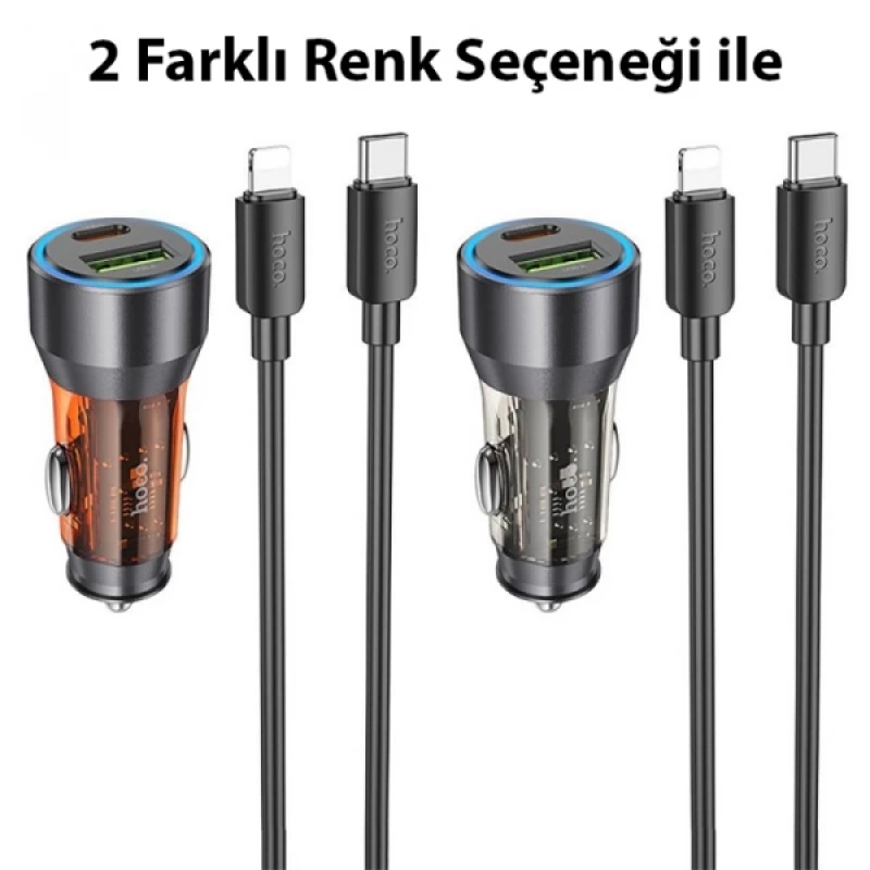 HOCO NZ12A Action PD43W USB + Type-C Araç Çakmaklık Hızlı Şarj Aleti + Type-C to iPhone Lightning Ka