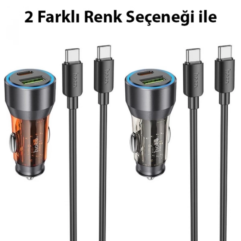 HOCO NZ12A Action PD43W USB + Type-C Araç Çakmaklık Hızlı Şarj Aleti + Type-C to Type-C Kablo