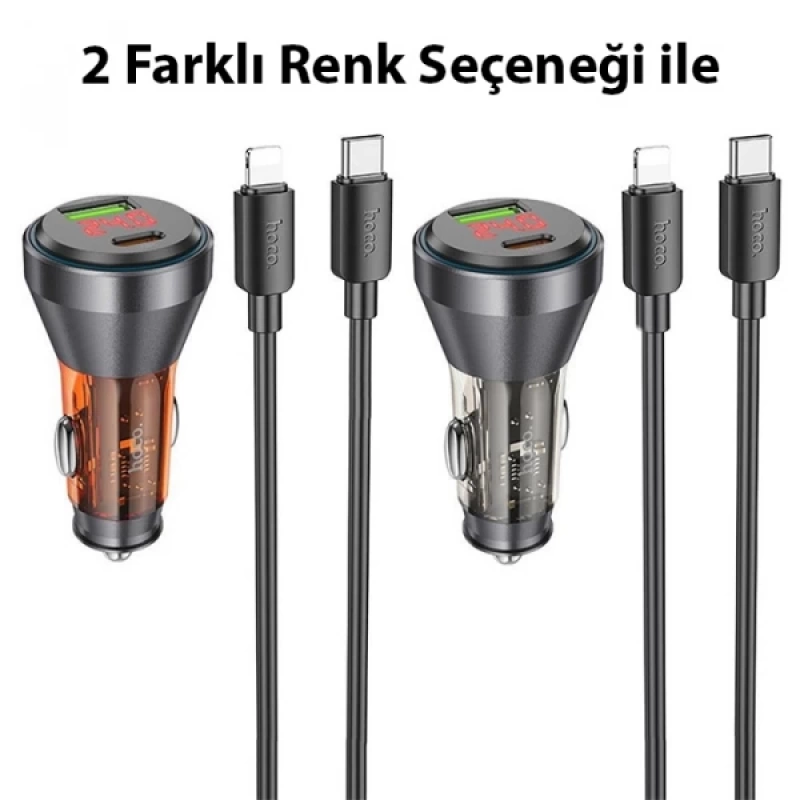 HOCO NZ12B Unimpeded PD48W USB + Type-C Araç Çakmaklı Hızlı Şarj Aleti + Type-C to iPhone Kablo