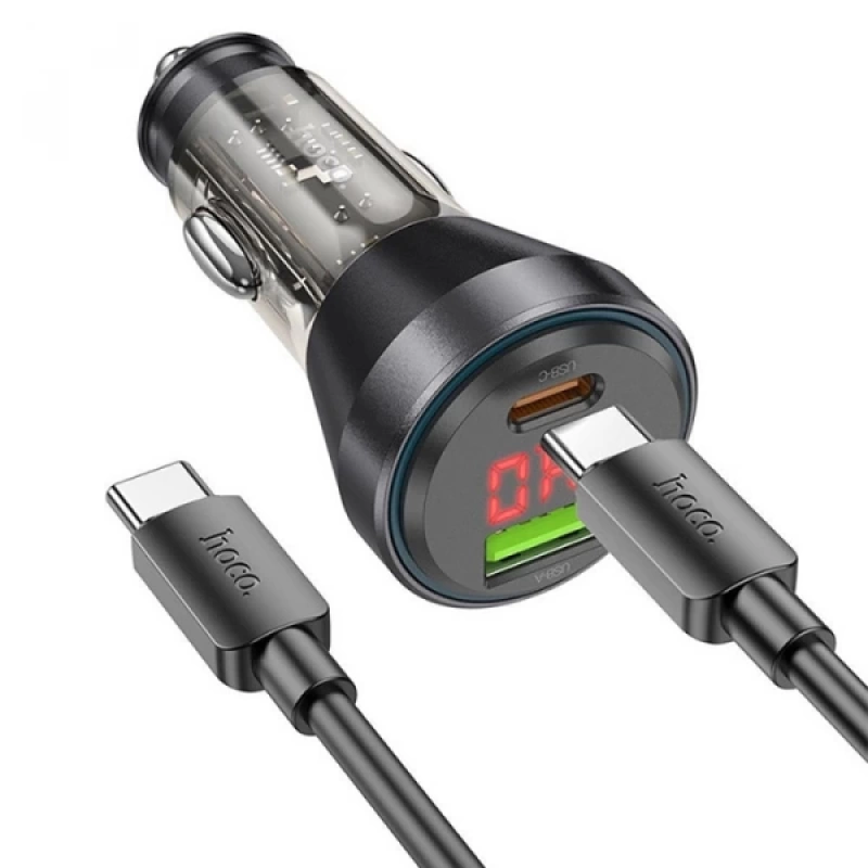 HOCO NZ12B Unimpeded PD48W USB + Type-C Araç Çakmaklı Hızlı Şarj Aleti + Type-C to Type-C Kablo