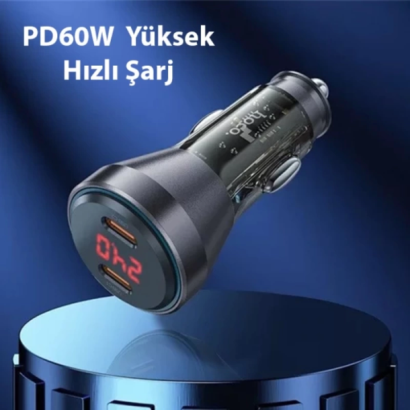 HOCO NZ12C Graceful PD60W 2 Type-C Girişli Araç Çakmaklı Hızlı Şarj Aleti