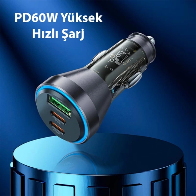 HOCO NZ12D Lucky PD60W 2 Type-C + USB Girişli Araç Çakmaklık Hızlı Şarj Aleti