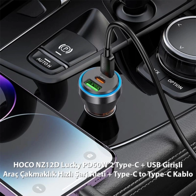 HOCO NZ12D Lucky PD60W 2 Type-C + USB Girişli Araç Çakmaklık Hızlı Şarj Aleti + Type-C to Type-C Kab