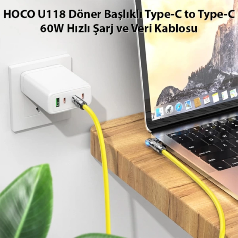 HOCO U118 Döner Başlıklı Type-C to Type-C 60W Hızlı Şarj ve Veri Kablosu