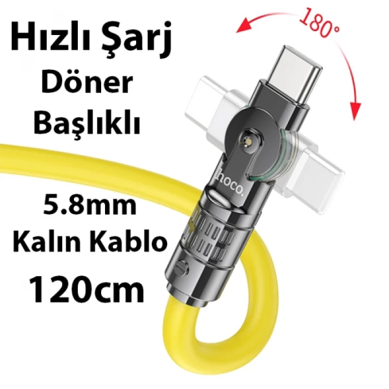 HOCO U118 Döner Başlıklı Type-C to Type-C 60W Hızlı Şarj ve Veri Kablosu