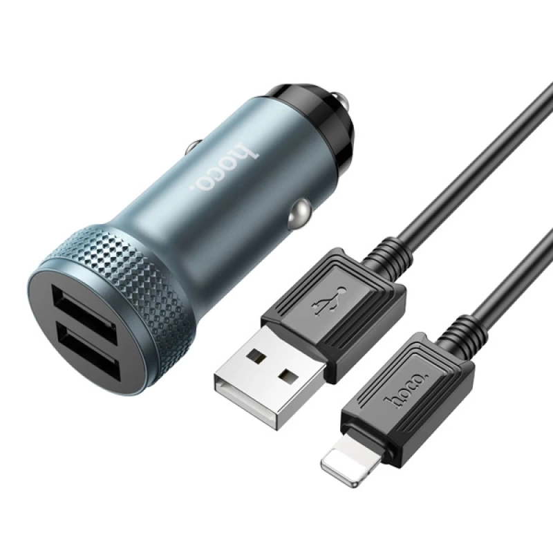 HOCO Z49 Çift USB Girişli Araç Şarj Başlık + USB To iPhone Lightning Kablo