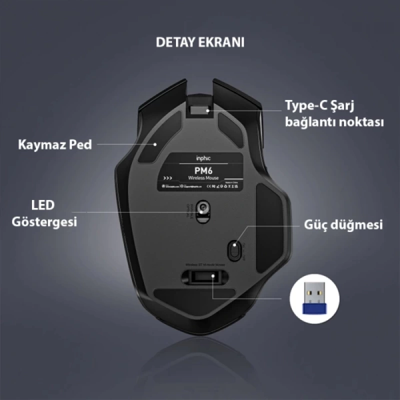 İNPHİC F1 Kablosuz Fare, Şarj Edilebilir Sessiz Kullanım 2.4G 500 mAh USB Mouse