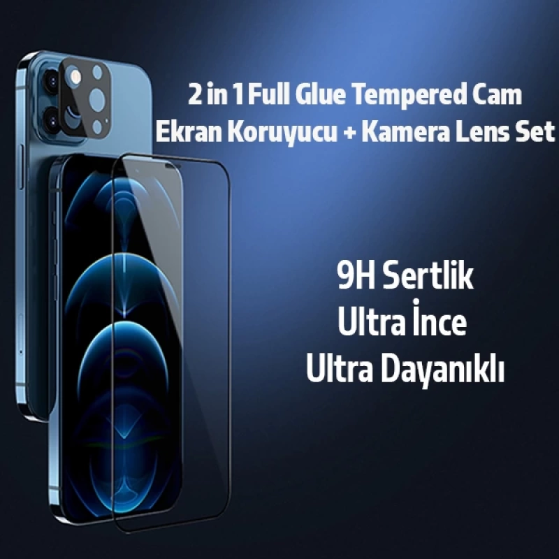 İPhone 12 Pro Max 2İN1 Full Glue Tempered Cam Ekran Koruyucu +Kamera Lens Set