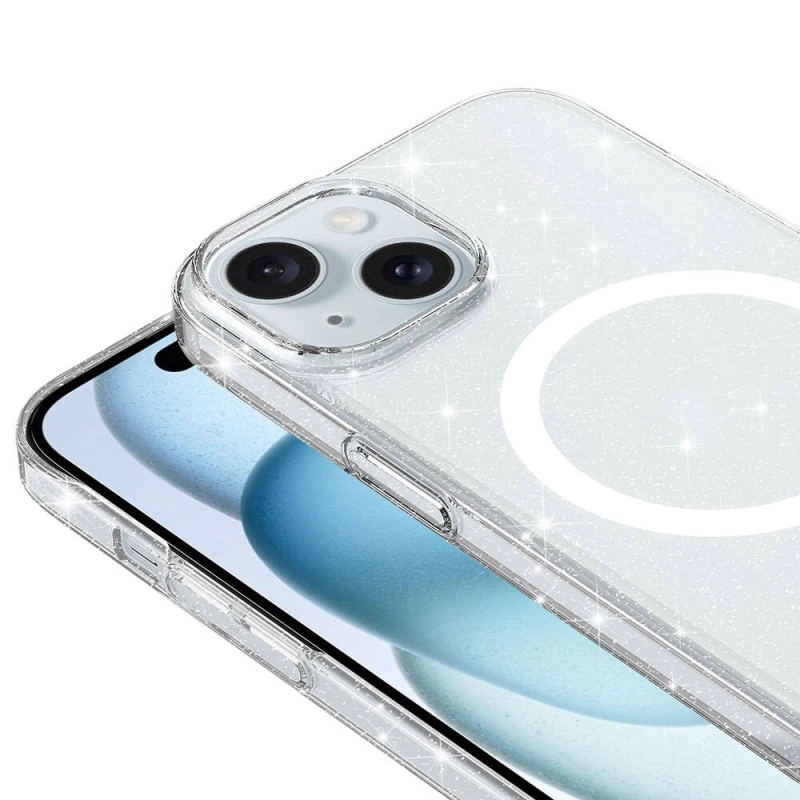 iPhone 15 Kılıf Zore M-safe Şarj Özellikli Simli Şeffaf Arka Yüzey Erdos Silikon Kapak