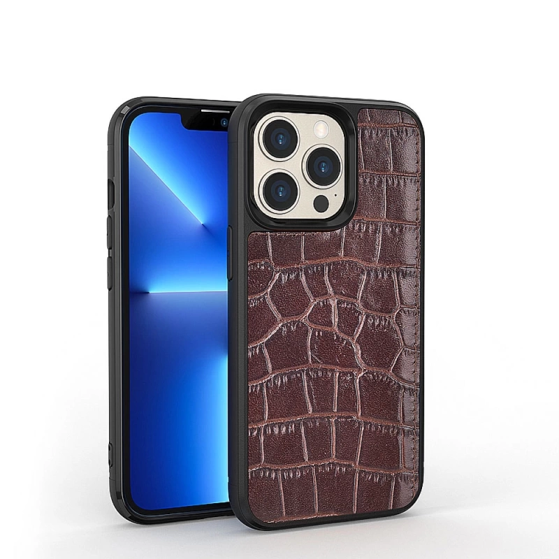 More TR Apple iPhone 13 Pro Max Kılıf Wiwu Croco Pattern Calfskin Orjinal Deri Kapak