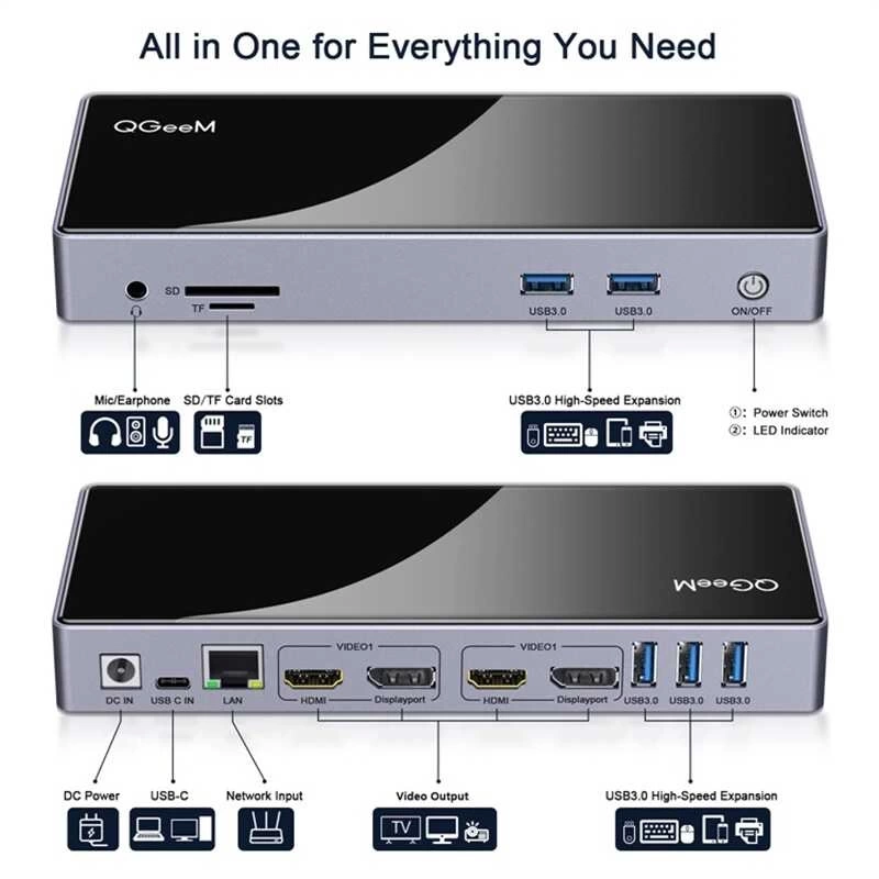 More TR Qgeem QG-D6902 All in One Çoğaltıcı Type-C Hub Docking Station 4K-5K Displayport HDMI Destekli