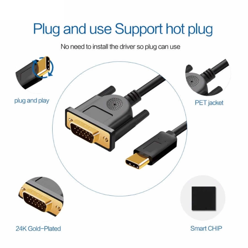 More TR Qgeem QG-UA17 Type-C to VGA Adaptörü Yüksek Çözünürlüklü Dönüştürücü Kablo 1080p 60Hz 1.8 metre