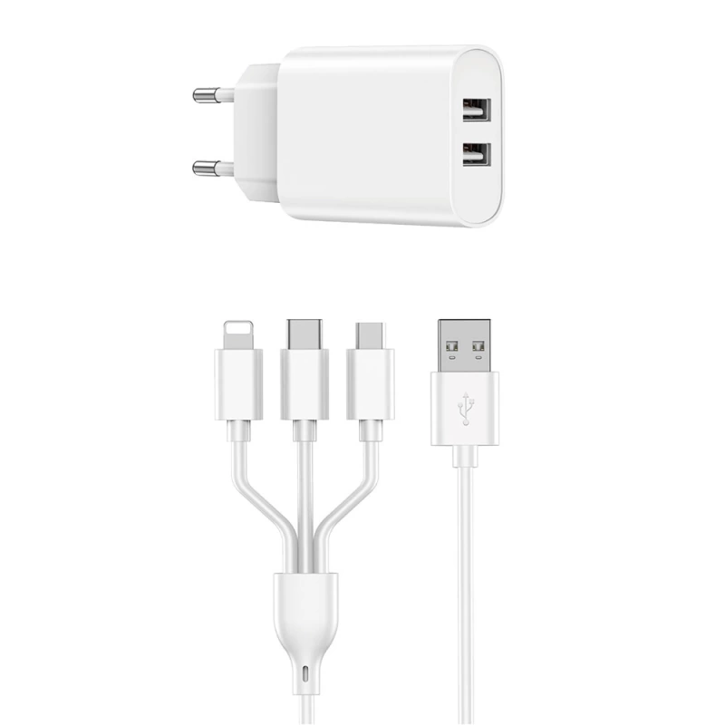 More TR Wiwu Wi-U003 2.1A Çift USB Çıkışlı Hızlı Şarj Seti 3in1 Kablolu Type-C/Lightning/Micro