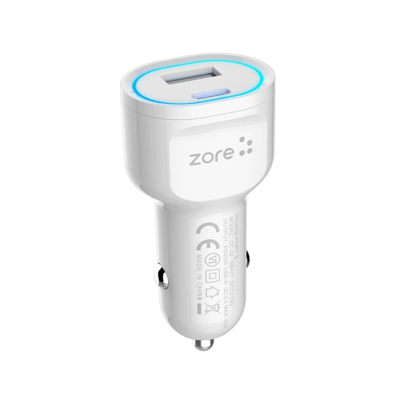 More TR Zore CC-02 Hızlı Şarj Özellikli LED Işıklı QC 3.0 USB-A ve Type-C PD Araç Şarj Başlığı PD 20W