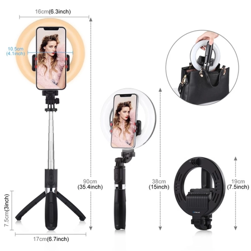 PULUZ 6.3 inch 16cm Ring LED Canlı Yayın Bluetooth Tripod Vlogging Selfie Light