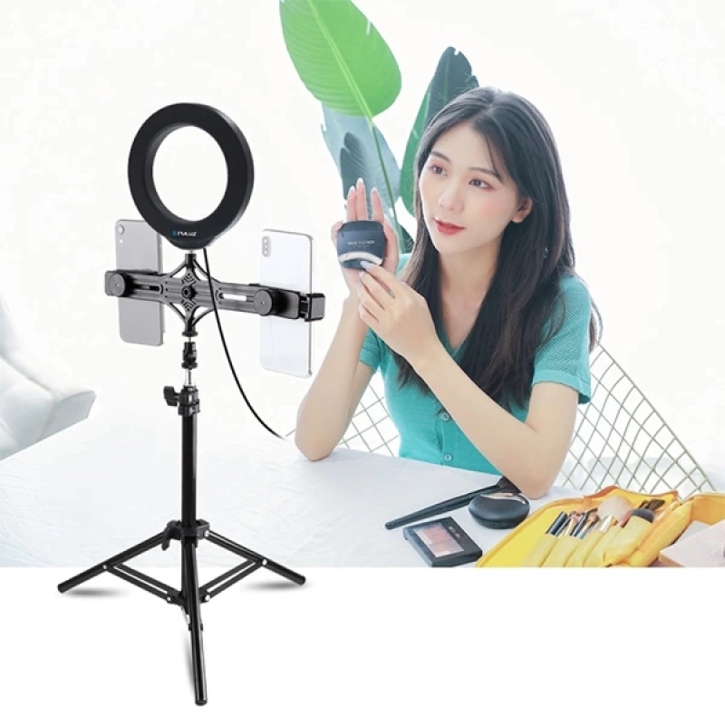 PULUZ 70CM Çift Telefon tutucu 6.2CM Led Işık Stand Youtuber,Canlı Yayın Selfie TikTok Makeup